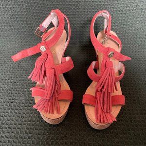 Guess Heya Tassel Cork Wedge Sandal Suede Coral Size 7.5